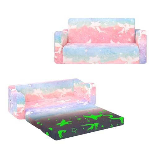 alldomess Einhorn Kindercouch ausklappbar 2-in-1, Extra Groß Kindersofa Das im Dunkeln leuchtet mit Schlaffunktion,Kindersessel für Kinder Kinderzimmer Spielzimmer von alldomess