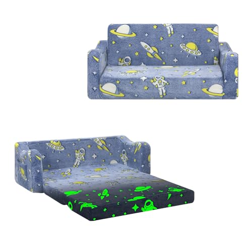 alldomess Kindercouch ausklappbar 2-in-1, Extra Groß Kindersofa Das im Dunkeln leuchtet mit Schlaffunktion,Kindersessel für Kinder Kinderzimmer Spielzimmer,Astronauten von alldomess