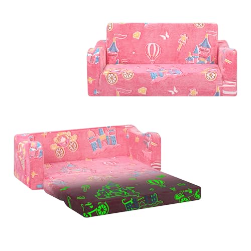 alldomess Kindercouch ausklappbar 2-in-1, Extra Groß Kindersofa Das im Dunkeln leuchtet mit Schlaffunktion,Kindersessel für Kinder Kinderzimmer Spielzimmer,Schloss von alldomess