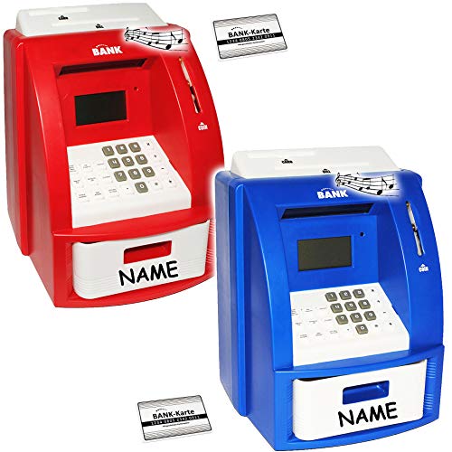 2 TLG. Set elektrische Spardosen - Geldautomat - blau + rot - incl. Namen - mit Sound + PIN Geldkarte + Sparzähler + Alarm Funktion + Zählfunktion/sta.. von alles-meine.de GmbH