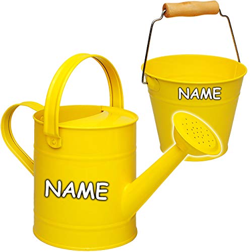 2 TLG. Set: Kleiner - Eimer + Gießkanne - Metall - gelb - inkl. Name - 1,5 Liter - Blech Kindereimer Blecheimer/Metalleimer Sandeimer/Kindereimer Gartenei.. von alles-meine.de GmbH