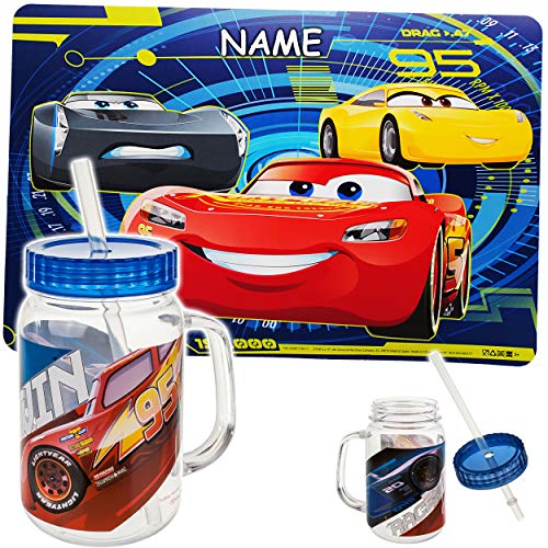 2 tlg. Set: Platzdeckchen + Trinkbecher/Henkeltasse/Trinkglas - Disney Cars - Auto - Lightning McQueen - inkl. Name - mit Strohhalm & Deckel - BPA frei - .. von alles-meine.de GmbH