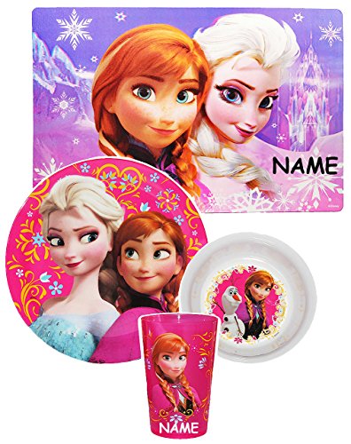 4 tlg. Geschirrset incl. Namen - " die Eiskönigin - Frozen " - Melamin - Trinkbecher + Teller + Müslischale + Platzdeckchen - Kindergeschirr - Frühstücksset M.. von alles-meine.de GmbH