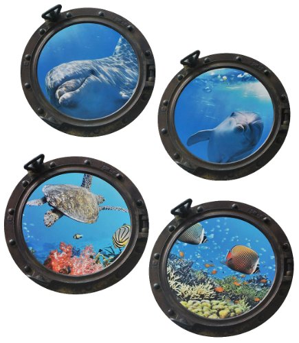 4 tlg. XL Set: Wandtattoo/Sticker - Bullauge - Fenster im Schiff Delfin Schildkröten Delphin Fisch - Wandsticker Aufkleber Flugzeug Wandaufkleber Badezimmer.. von alles-meine.de GmbH