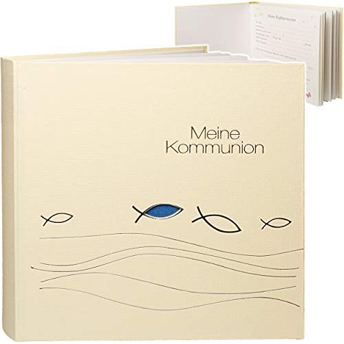 Kommunionsalbum/Fotoalbum/Erinnerungsalbum meine Kommunion Ichthys - beige blau - Buch Gebunden - blanko weiß - 60 Seiten - für bis zu 180 Bilder zum .. von alles-meine.de GmbH