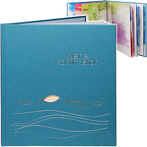 Konfirmationsalbum/Eintragalbum & Erinnerungsalbum/Fotoalbum meine Konfirmation Ichthys - blau beige - Buch Gebunden - Tagebuch Eintragbuch - 44 Seite.. von alles-meine.de GmbH