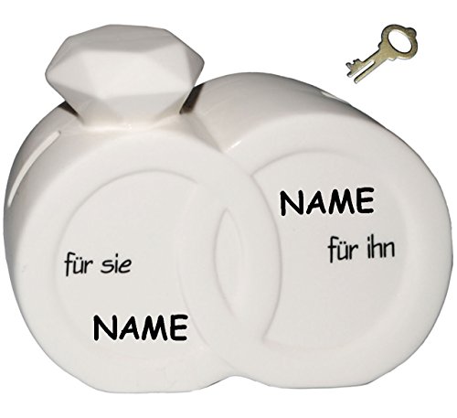 Spardose - Ringpaar/Eheringe - für Sie & für Ihn - incl. Name - mit Schlüssel und Schloss - stabile Sparbüchse aus Porzellan/Keramik - Sparschwein - H.. von alles-meine.de GmbH