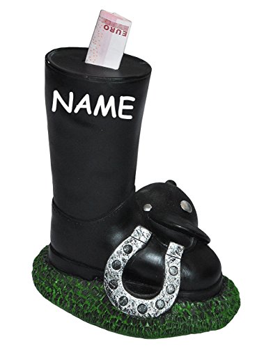 XL Spardose Reitstiefel mit Reithelm/Hufeisen - incl. Namen - stabile Sparbüchse aus Kunstharz mit Schlüssel - Sparschwein lustig witzig Pferd Pferde - Reis.. von alles-meine.de GmbH