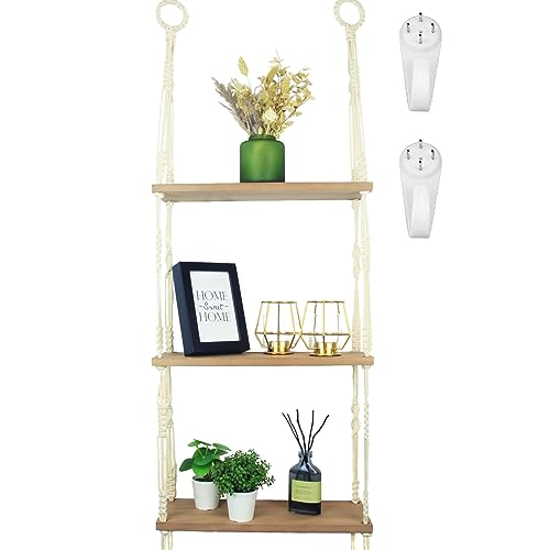 alma home Wandregal Holz Hängeregal - Makramee Regal Wand mit Haken ohne Bohren als Boho Wanddeko Wohnzimmer, Schweberegal, Pflanzenregal, Bücherregal oder Badezimmer Organizer von alma home