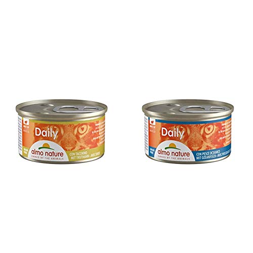 Daily Katzenfutter Mousse mit Truthahn (24x85 g) & Futter Mousse mit Ozeanfisch (24 x 85 g) von almo nature