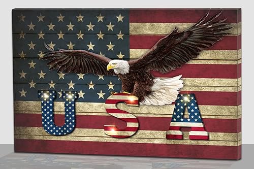 Alottagifts LED Amerikanische Flagge USA Adler beleuchtete Wandkunst mit Timer Kunstdruck Designs auf Leinwand, modernes Kunstwerk für Wohnzimmer/Esszimmer/Heimdekoration, USA Adler, 40.6x30.5 cm) von alottagifts