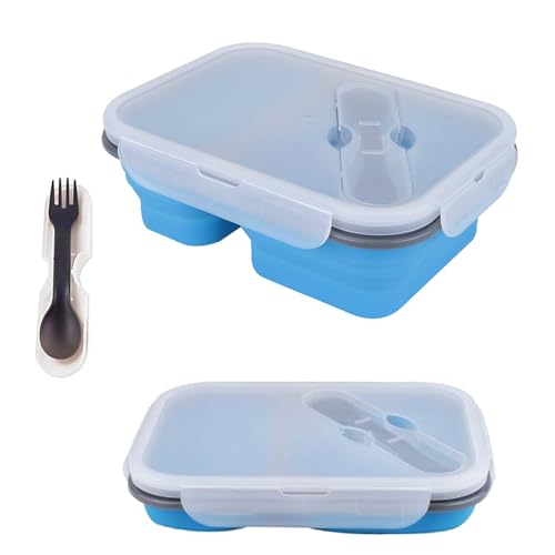 alouweekuky Faltbare Brotzeitbox,Auslaufsichere Bento Lunchbox Brotdose aus Silikon Faltbare Lunchbox Lebensmittel mit zwei Fächern und Löffel und Gabel für Erwachsene/Kinder (Blau) von alouweekuky