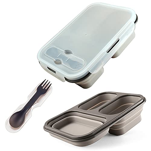 alouweekuky Faltbare Bento Box - Leak-proof Auslaufsichere Bento Lunchbox Brotdose aus Silikon Faltbare Lunchbox Lebensmittel mit drei Fächern und Löffel und Gabel für Erwachsene/Kinder (Grau) von alouweekuky