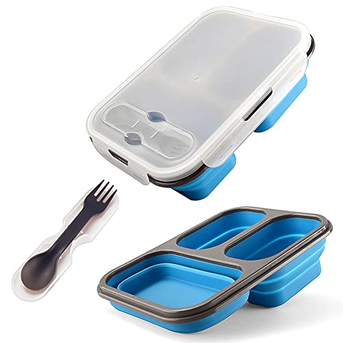 alouweekuky Faltbare Bento Box - Leak-proof Auslaufsichere Bento Lunchbox Brotdose aus Silikon Faltbare Lunchbox Lebensmittel mit drei Fächern und Löffel und Gabel für Erwachsene/Kinder (Blau) von alouweekuky