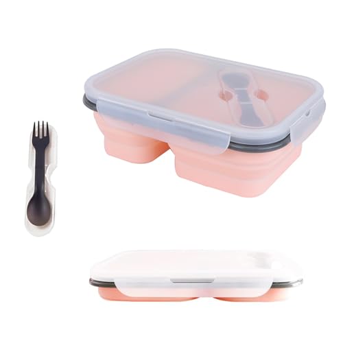 alouweekuky Faltbare Brotzeitbox,Auslaufsichere Bento Lunchbox Brotdose aus Silikon Faltbare Lunchbox Lebensmittel mit zwei Fächern und Löffel und Gabel für Erwachsene/Kinder (Rosa) von alouweekuky