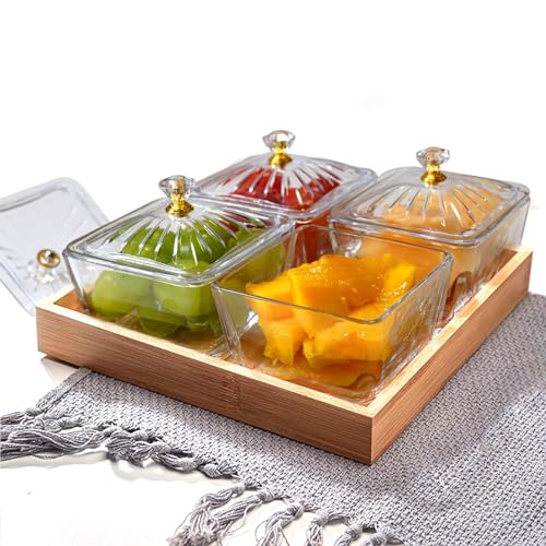 alouweekuky Snackschale mit Holztabletts, 4 Glas Servierschalen Set, Dipschalen mit Deckel, Cerezlik Tapas Schalen Kann zur Zubereitung von Antipasti, Marmeladenschälchen von alouweekuky