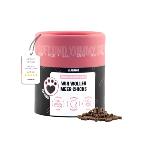 alphazoo Wir wollen Meer Chicks 65g I Softe Leckerli Lachs + Huhn für Hunde I Hoher Fleischanteil, Getreidefrei, Zuckerfrei I Natürliche Hundeleckerlies I Gesunde Leckerlies für Training & Belohnung von alphazoo