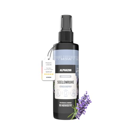 alphazoo Beruhigungsmittel für Hunde I Seelenruhe Beruhigungsspray 250 ml mit Baldrian I Beruhigung bei Autofahrt, Reisen, Silvester & Alleine Sein I Starkes Spray mit Duft gegen Stress I Hochdosiert von alphazoo