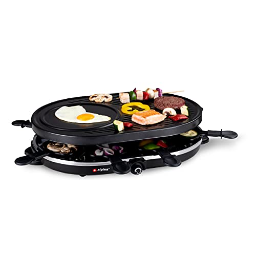 alpina Raclette-Grill - Elektrische Tischgrill - mit Pfannen und Spachteln - 1200 Watt - 8 Personen - Schwarz von alpina