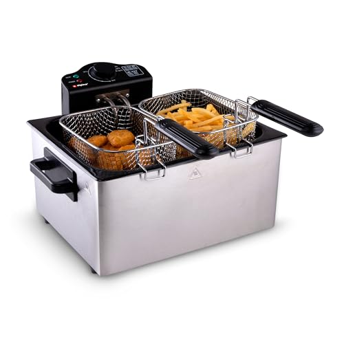 alpina Doppel Friteuse 5L WJ-801 - Fritteuse mit Öl 200W - Fritöse mit 3 Körbe - Einstellbarer Thermostat bis 190 °C - Geschützt gegen Überhitzung - Perfekt für Pommes oder Snacks - Edelstahl - Silber von alpina