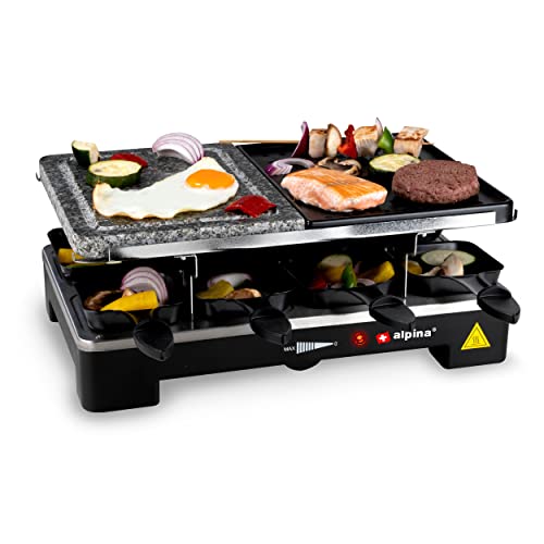 alpina Elektrogrill WJ-K202A - Tischgrill Elektrisch 1200W - Raclette 8 Personen mit 2 Lagen - mit 8 Pfannen und 8 Spachteln - Antihaftbeschichtung - 3-in-1 Pfannen, Backblech und Steingrill - Schwarz von alpina