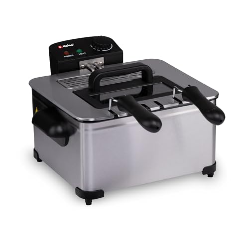 alpina Friteuse 5 Liter - Friteuse mit Fett - Friteuse Öl 200W - Zwei Frittierkörbe - Einstellbare Temperatur - für 4 bis 6 Personen - 275 x 215 x 305 MM - Metal - Schwarz/Silber von alpina