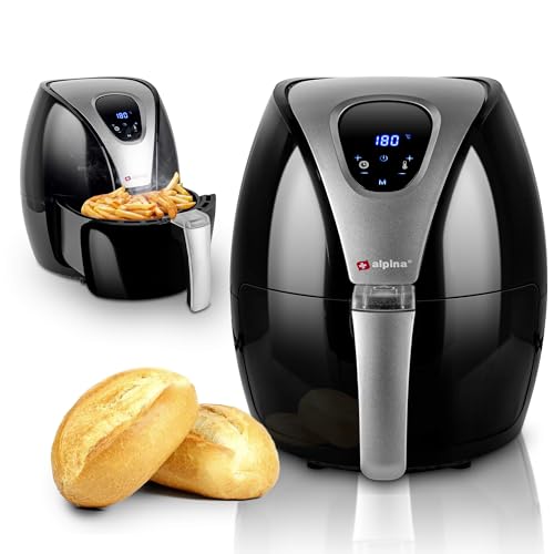 alpina Heißluftfritteuse 2.4L - Airfryer 1500W - Heissluftfritteuse für Braten, Frittieren und Grillen - 80% weniger Fett - Geeignet für 2-4 Personen - Einstellbarer Temperatur 80-200°C - Schwarz von alpina