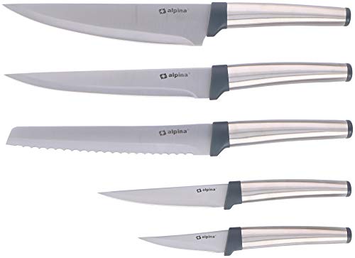 alpina Kochmesserset 5-Teilig - Profi Messerset - Multifunktionales Chefmesser - Bestückt für Küchen - Allzweckmesser aus Edelstahl - Brotmesser - 20,5 bis 33,5 cm - Silber von alpina