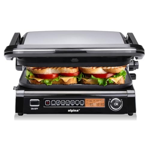alpina Kontaktgrill - Optigrill 2100W - Sandwich Maker - Panini Grill - Multigrill für Gemüse, Brot und Fleisch - Tischgrill mit Antihaftbeschichtung - Intelligente Kochmodus - BPA-Frei - Schwarz von alpina