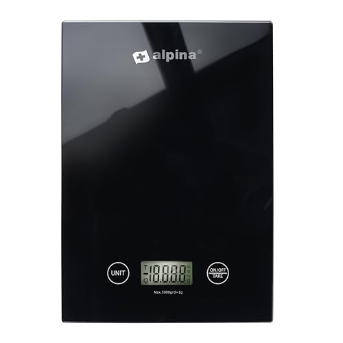 alpina Küchenwaage Digital - Küchenwage in g, lb, oz und ml - Präzision Wage mit Tara-Funktion - Küchenzubehör - 22 x 15,5 cm - Schwarz von alpina