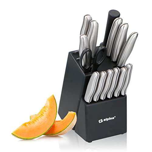 alpina Messerblock 15-Teilig - Messerset mit Block - Küchenmesser Set - 12 Verschiedener Messer - Inkl. Schärfer und Schere mit Antihaftbeschichtung - 29 x 13 x 35 CM - Edelstahl von alpina