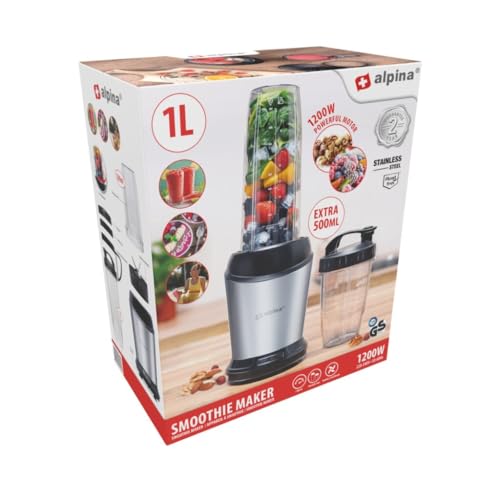 alpina Smoothie Maker 1200 W - Mixer 1L - Mixer Smoothie Maker - mit 500 ML Mitnehmbecher und Deckeln – Standmixer mit Abnehmbare Edelstahlklingen - Blender Rutschfester Boden - Silber von alpina