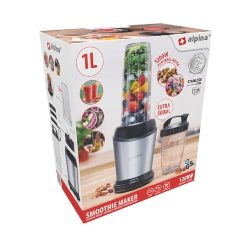 alpina Smoothie Maker 1200 W - Mixer 1L - Mixer Smoothie Maker - mit 500 ML Mitnehmbecher und Deckeln – Standmixer mit Abnehmbare Edelstahlklingen - Blender Rutschfester Boden - Silber von alpina