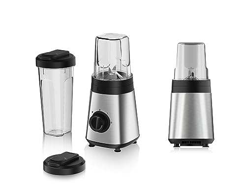 alpina Smoothie Maker Mixer - Smoothie Mixer 300W - Inkl. Smoothie Becher 300ml und 600ml - 2 Geschwindigkeiten und Pulsierende Funktion - Edelstahl - Silber/Schwarz von alpina