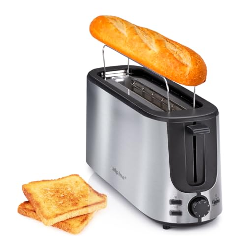 alpina Toaster 2 Scheiben - Toaster mit Brötchenaufsatz - Toaster Langschlitz und Auftaufunktion - 7 Bräunungsstufen Küchengeräte - 230V - Edelstahl - 1000 W - Silber von alpina