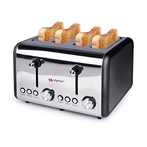 alpina Toaster - 4 Scheiben Brot - 230V/1500W - 6 Bräunungsstufen - Auftauen - Aufwärmen - Toaster - Silber von alpina