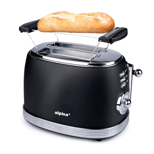 alpina Toaster - Retro - 6 Stufen - Brötchenaufsatz - 2 Schauben - Aufwärmen und Auftauen - Schwarz von alpina