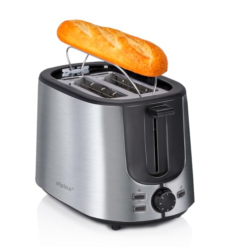 alpina Toaster - Toaster 2 Scheiben - 7 Bräunungsstufen -Toaster mit Brötchenaufsatz - Auftaufunktion - Anti-Rutsch-Füße -Langschlitztoaster 2 Scheiben - Silber von alpina