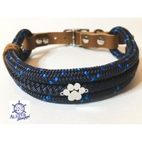 Halsband Tauhalsband Für Hunde Verschiedene Größen Auf Anfrage, Verstellbar Tau Mit Leder, Sehr Edel, Dunkelblau Mittelblau von alsterstruppi