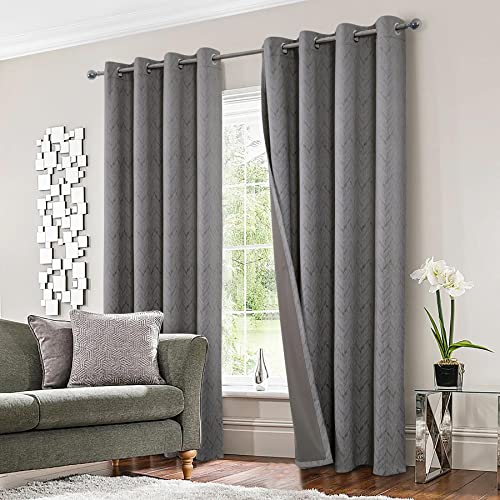 always4u 100% Blickdicht Vorhang Elegante Gardinen mit Muster Verdunkelung Schallschutz Ösenvorhang Kältschutz Thermogardinen Wärmeisolierend für Schlafzimmer Wohnzimmer, 245x140cm, Grau, 2er Set von always4u