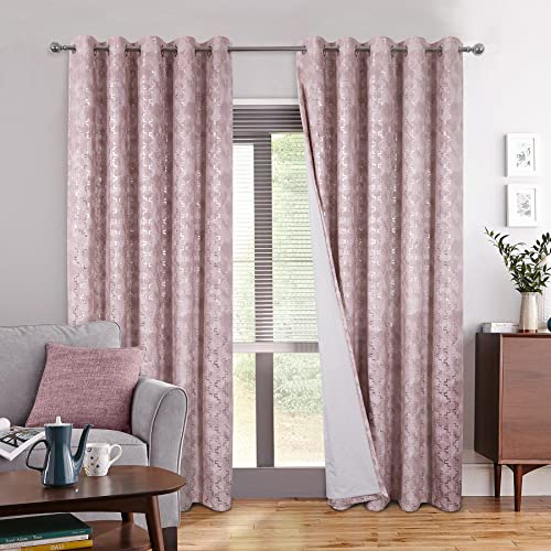 always4u 100% Blickdicht Vorhang Elegante Gardinen mit Muster Verdunkelung Schallschutz Thermogardinen mit Ösen Wärmeisolierend für Schlafzimmer Wohnzimmer, 245x140cm, Rosa, 2er Set von always4u