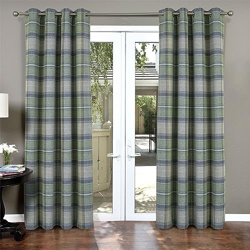 always4u 100% Blickdichter Vorhang Karierte Gardinen mit Ösen, Wärmeisolierende Verdunkelungsvorhänge für Schlafzimmer Wohnzimmer und Kinderzimmer, B140xH245cm 2er Set,Graugrün Modern von always4u
