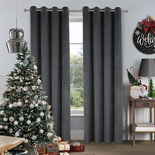 always4u 100% Vorhang Blickdicht Samt, Gardinen Wohnzimmer Modern, Verdunkelung Schallschutz Sonnenschutz, für Balkontür Kinderzimmer, Grau Anthrazit 245x140cm 2er-Set von always4u