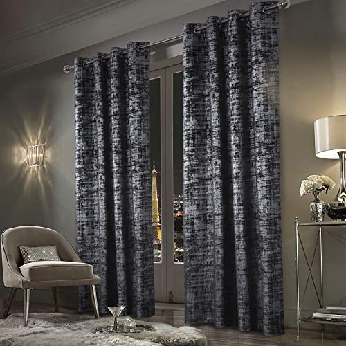 always4u Gardinen mit Muster Silber Blickdicht 100%, Samt Vorhang Wohnzimmer, Vorhang Verdunkelung Kurz mit ösen, Stoff Glänzend Eleganter, Dunkelgrau 2er Set 260x140cm von always4u