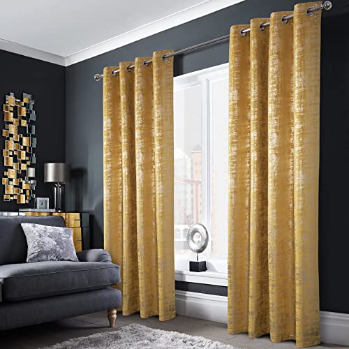 always4u Gardinen mit Muster Gold Blickdicht 100%, Samt Vorhang Wohnzimmer, Vorhang Verdunkelung mit ösen, Stoff Glänzend Eleganter, Gelb 2er Set 245x140cm von always4u