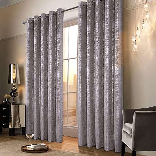 always4u Gardinen mit Muster Silber Blickdicht 100%, Samt Vorhang Wohnzimmer, Vorhang Verdunkelung Kurz mit ösen, Stoff Glänzend Eleganter, Champange, 2er Set, 245x140cm von always4u