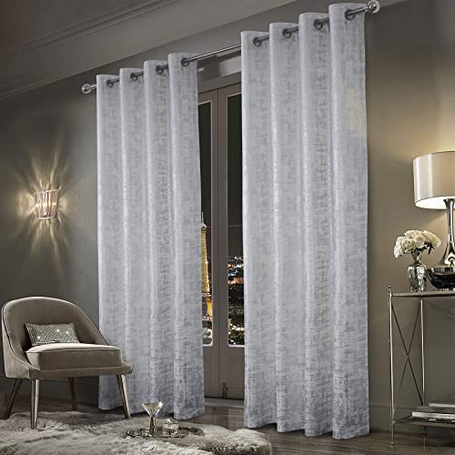 always4u Gardinen mit Muster Silber Blickdicht 100%, Samt Vorhang Wohnzimmer, Vorhang Verdunkelung Kurz mit ösen, Stoff Glänzend Eleganter, Weiß 2er Set 175x140cm von always4u