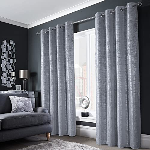 always4u Gardinen mit Muster Silber Blickdicht 100%, Samt Vorhang Wohnzimmer, Vorhang Verdunkelung Kurz mit ösen, Stoff Glänzend Eleganter, Silber 2er Set 245x140cm von always4u