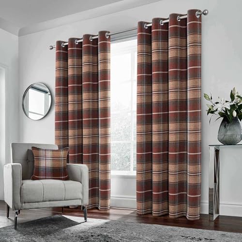 always4u Verdunkelungsvorhänge mit Kariert,thermovorhang,100% Blickdicht gardinen mit Ösen, für Kinderzimmer Schlafzimmer Küche, Korallenrot B140xH260cm,2 Stück von always4u