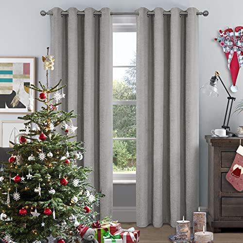 always4u Vorhang Blickdicht mit Ösen Chenille, Verdunkelung Gardinen Modern für Wohnzimmer Schlafzimmer, Elegante Scheibengardinen Kälteschutz, 175x140cm, Silber, 2er Set von always4u